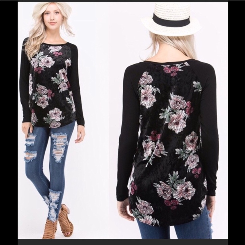 💐🌺 Crushed velvet floral raglan tunic top